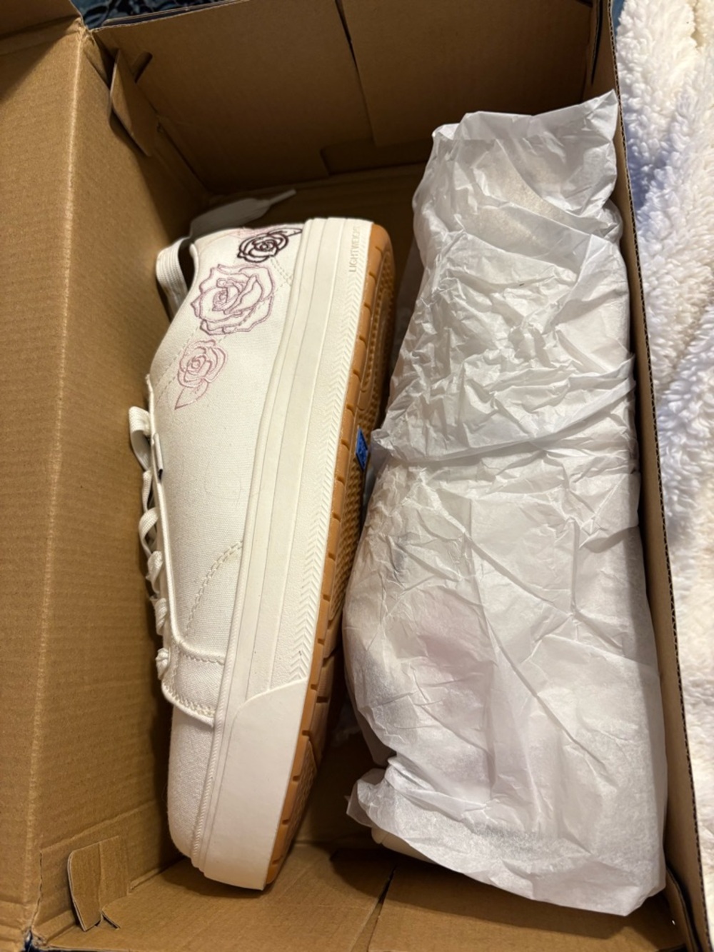 Keds White Canvas Sneakers with Pink Rose Embroidery and Gum Sole